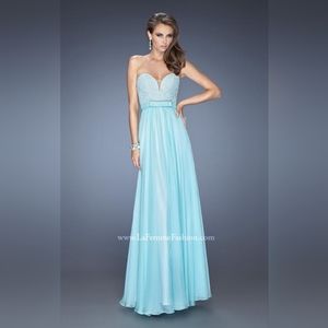 La Femme Light Blue Strapless Prom Dress
